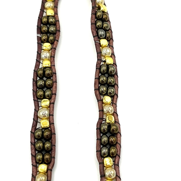 HAND CRAFTED Brown Leather Apple Watch Wrap with Green and Gold Beads. - Picture 3 of 5